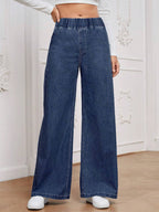 Essnce Solid Color Elastic Waist Denim Pants With Pockets shein