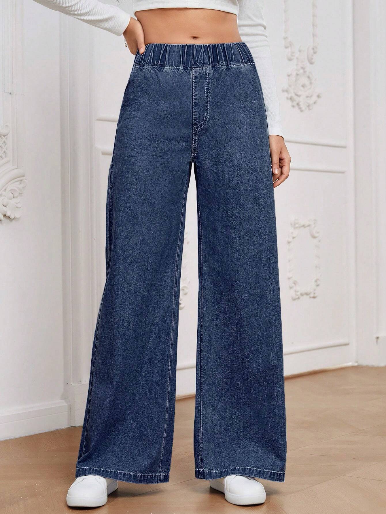 Essnce Solid Color Elastic Waist Denim Pants With Pockets shein