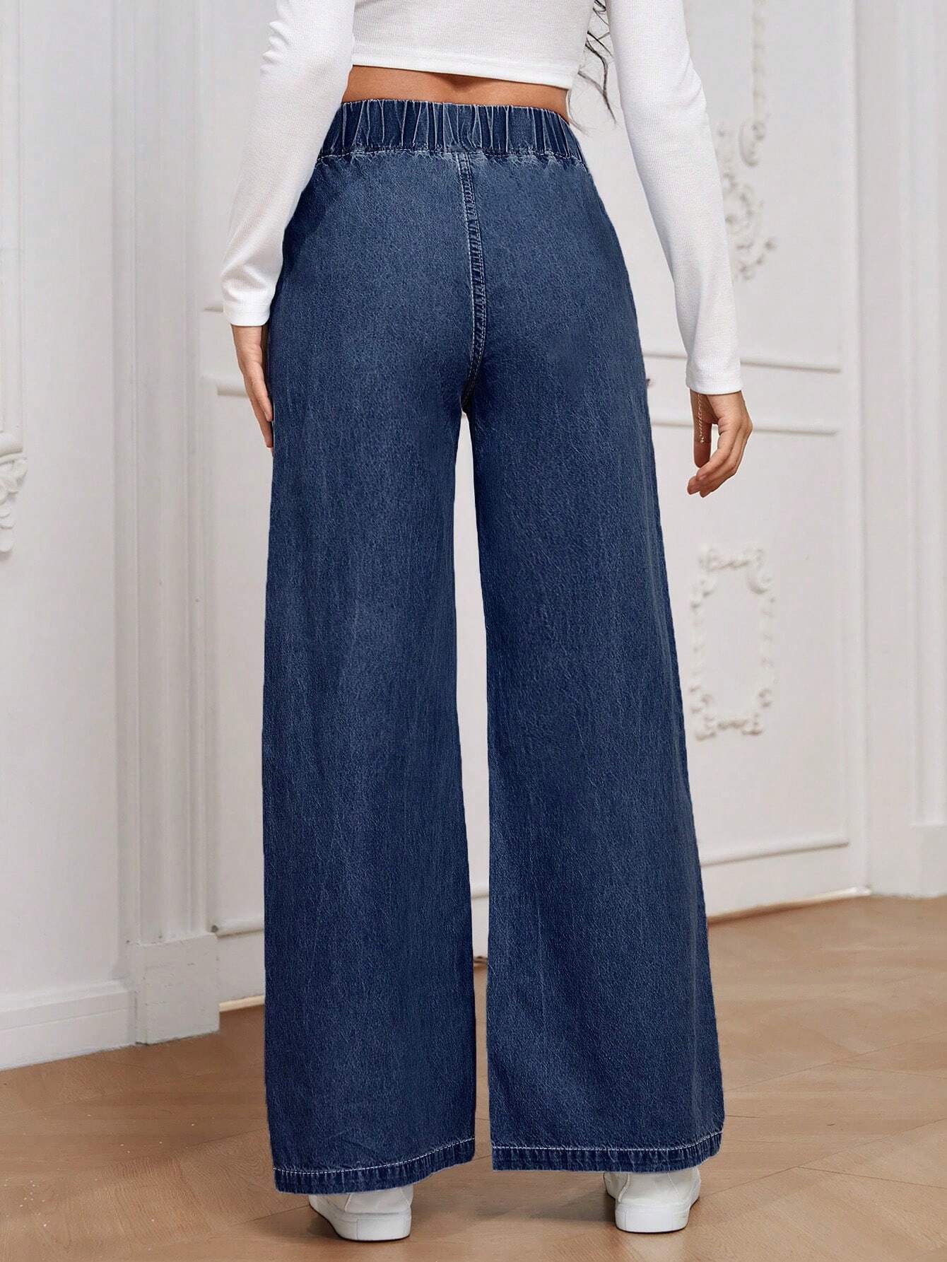 Essnce Solid Color Elastic Waist Denim Pants With Pockets shein