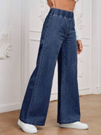 Essnce Solid Color Elastic Waist Denim Pants With Pockets shein