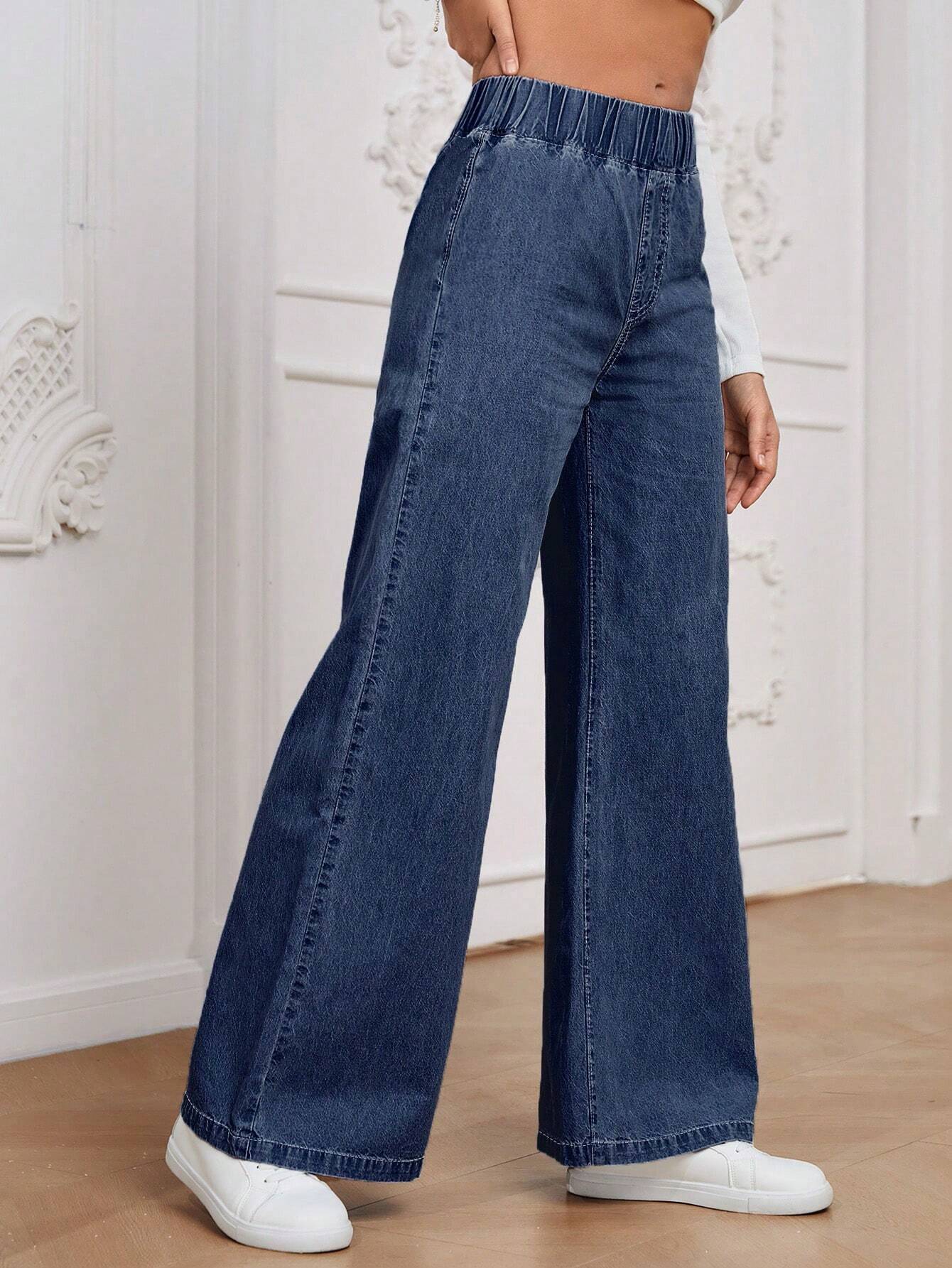 Essnce Solid Color Elastic Waist Denim Pants With Pockets shein