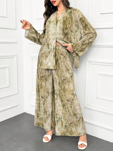 Modelyn Women's Batik Print Drop Shoulder Long Sleeve Top And Loose Casual Pants