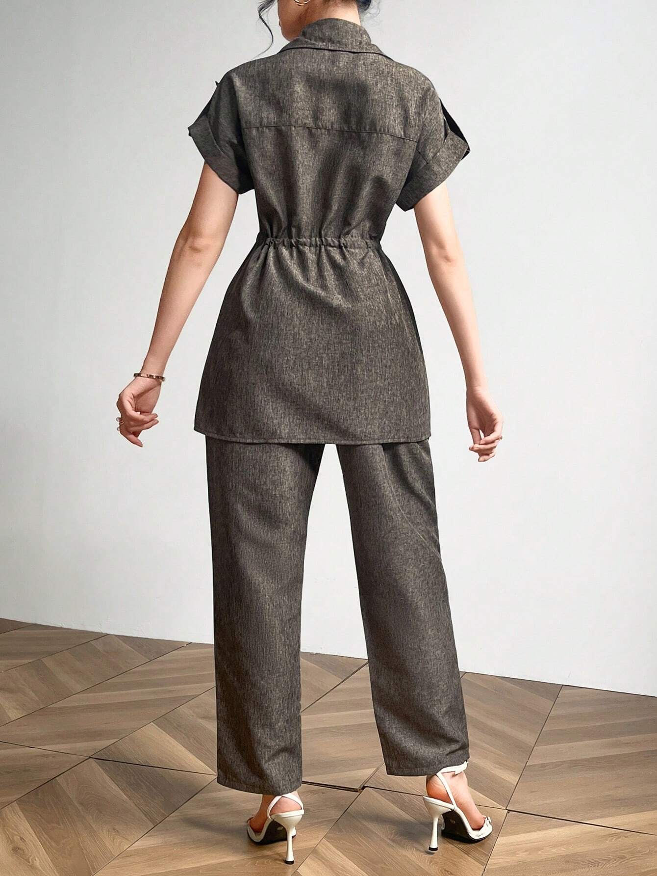 Batwing Sleeve Utility Pocket Drawstring Waist Shirt And Pants shein