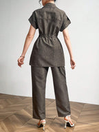 Batwing Sleeve Utility Pocket Drawstring Waist Shirt And Pants shein