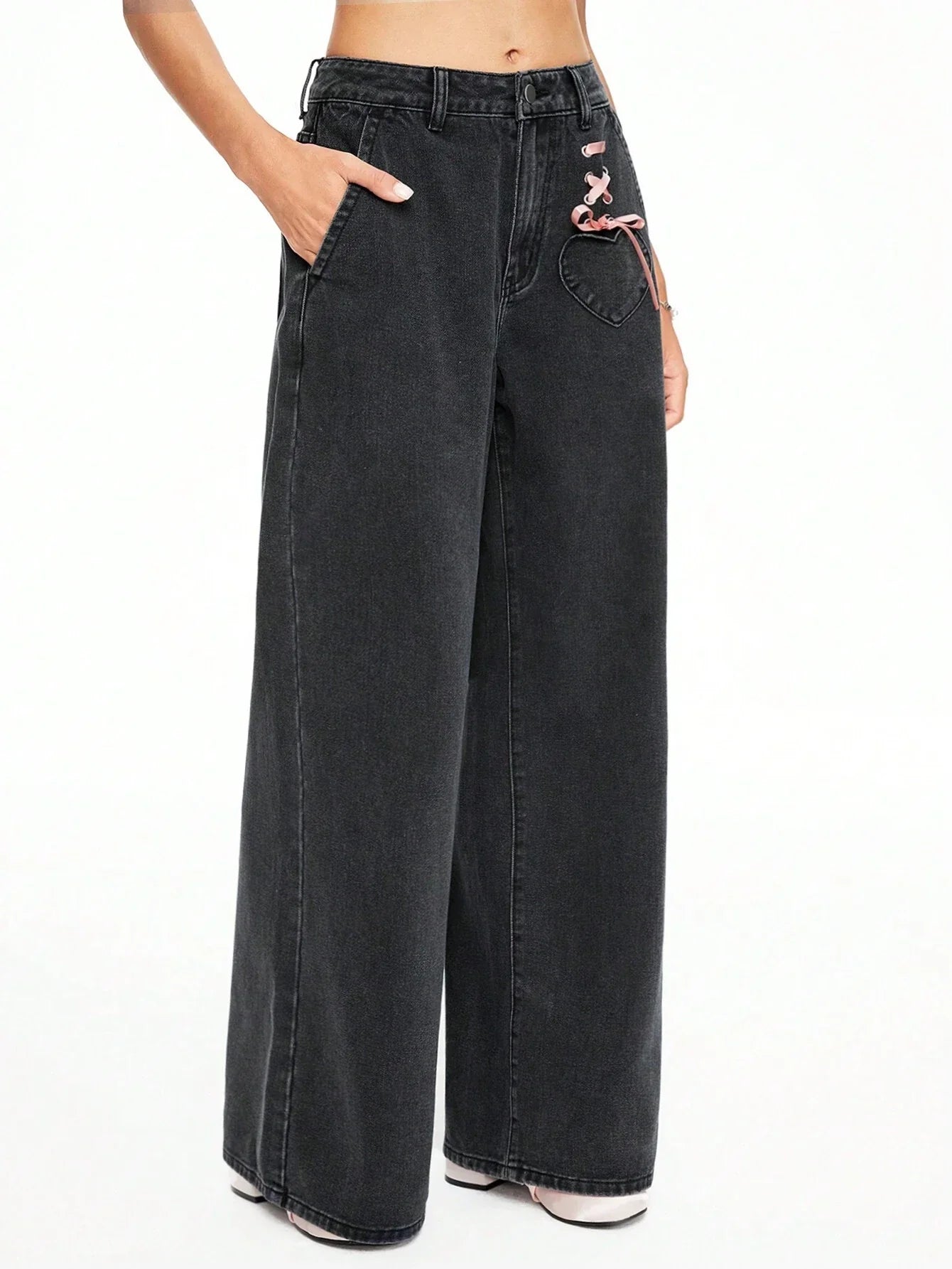 ROMWE Kawaii Lace Up Front Wide Leg Jeans shein
