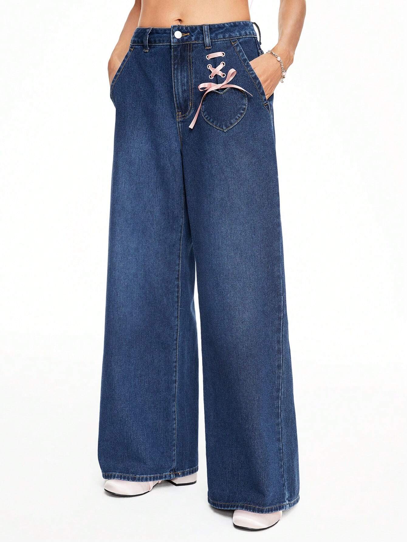 ROMWE Kawaii Lace Up Front Wide Leg Jeans shein
