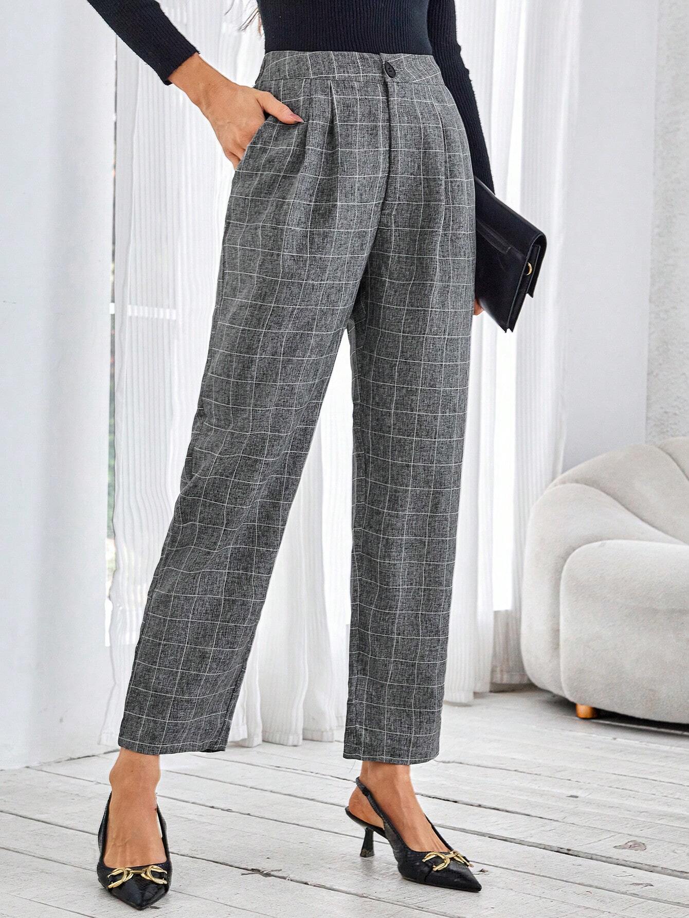 Clasi Plaid Print Slant Pocket Cropped Suit Pants Without Belt shein