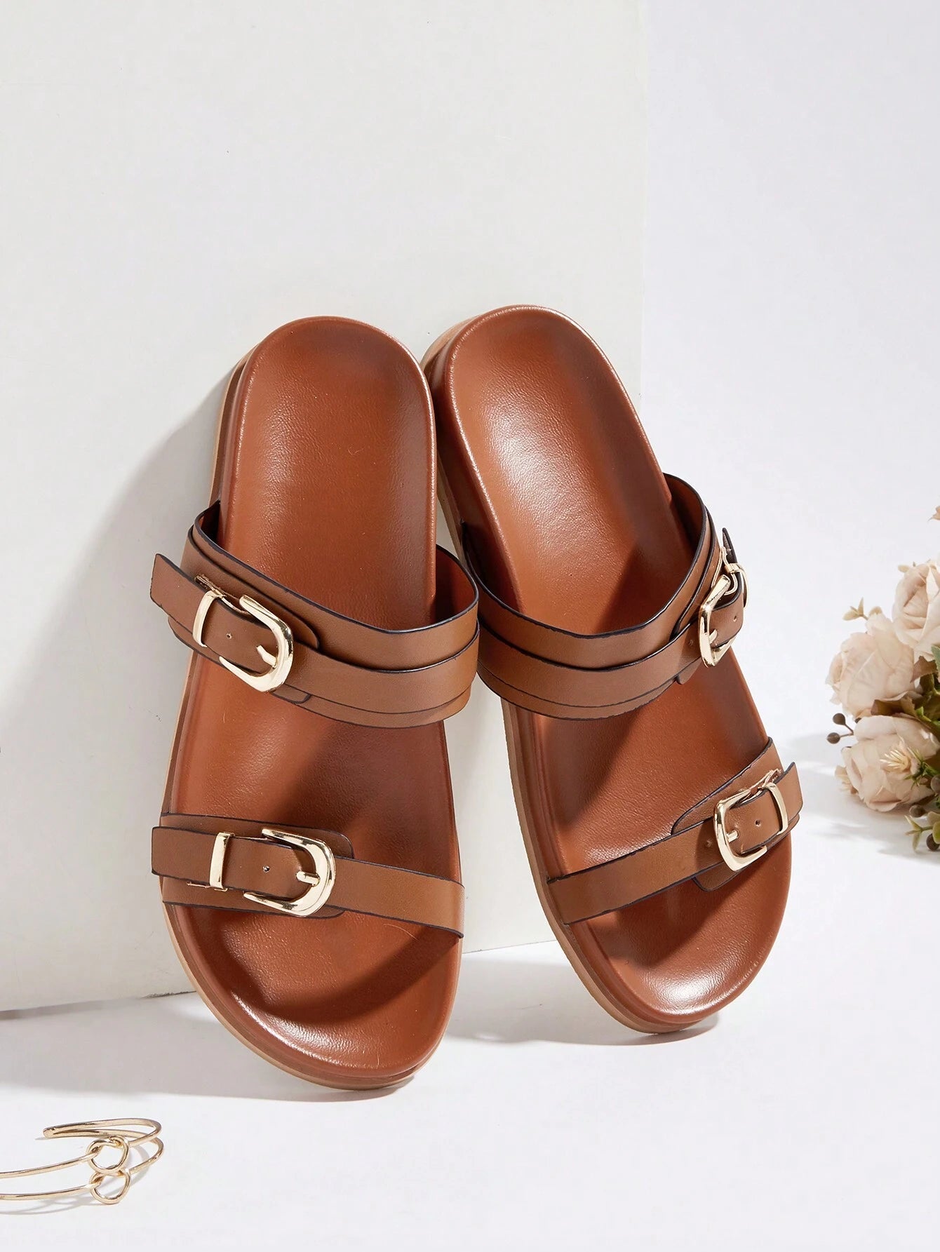 Metal Buckle Flat Sandals shein
