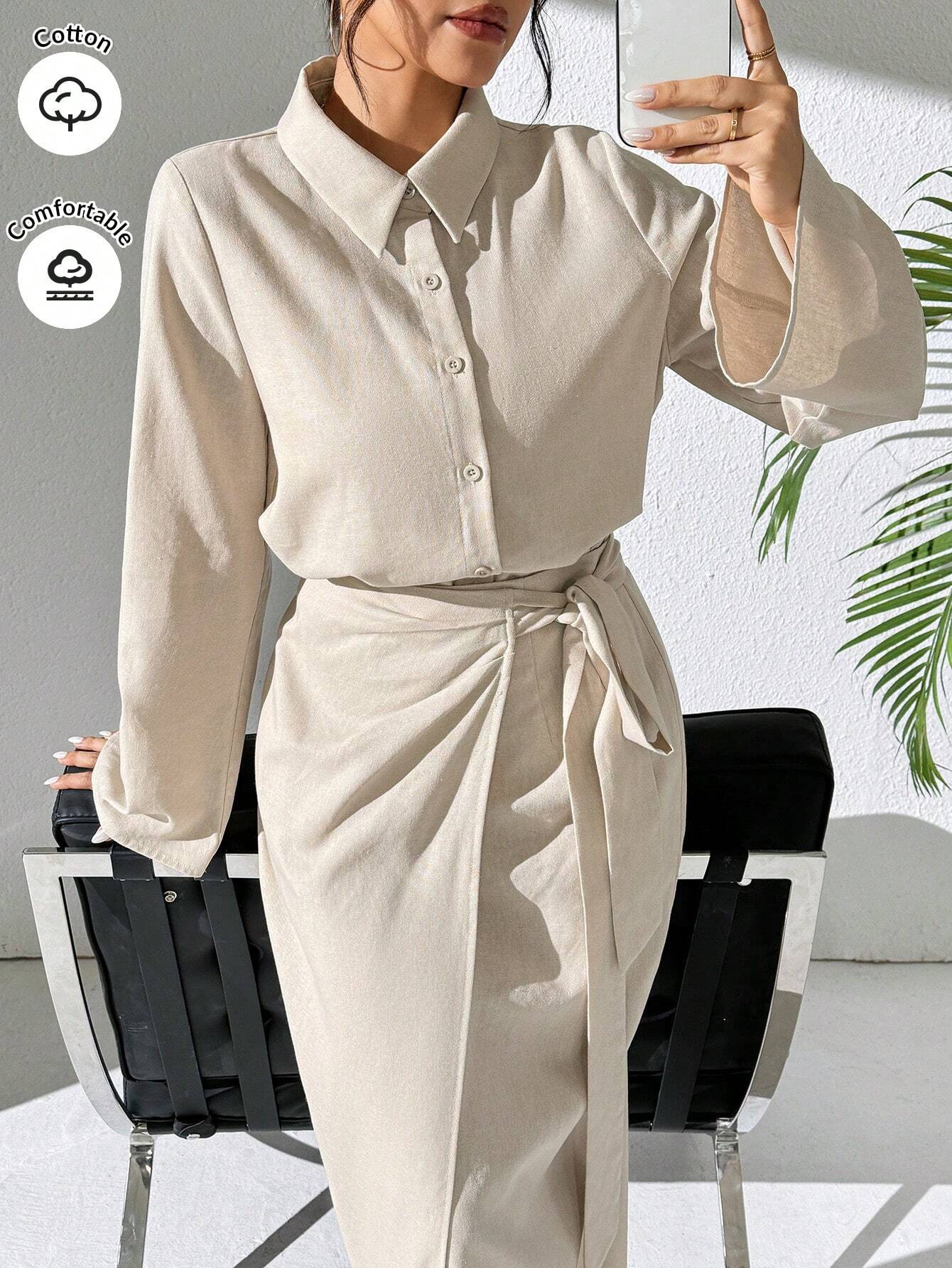Mulvari 2pcs Women's Casual Button-Up Shirt And A-Line Skirt Set shein