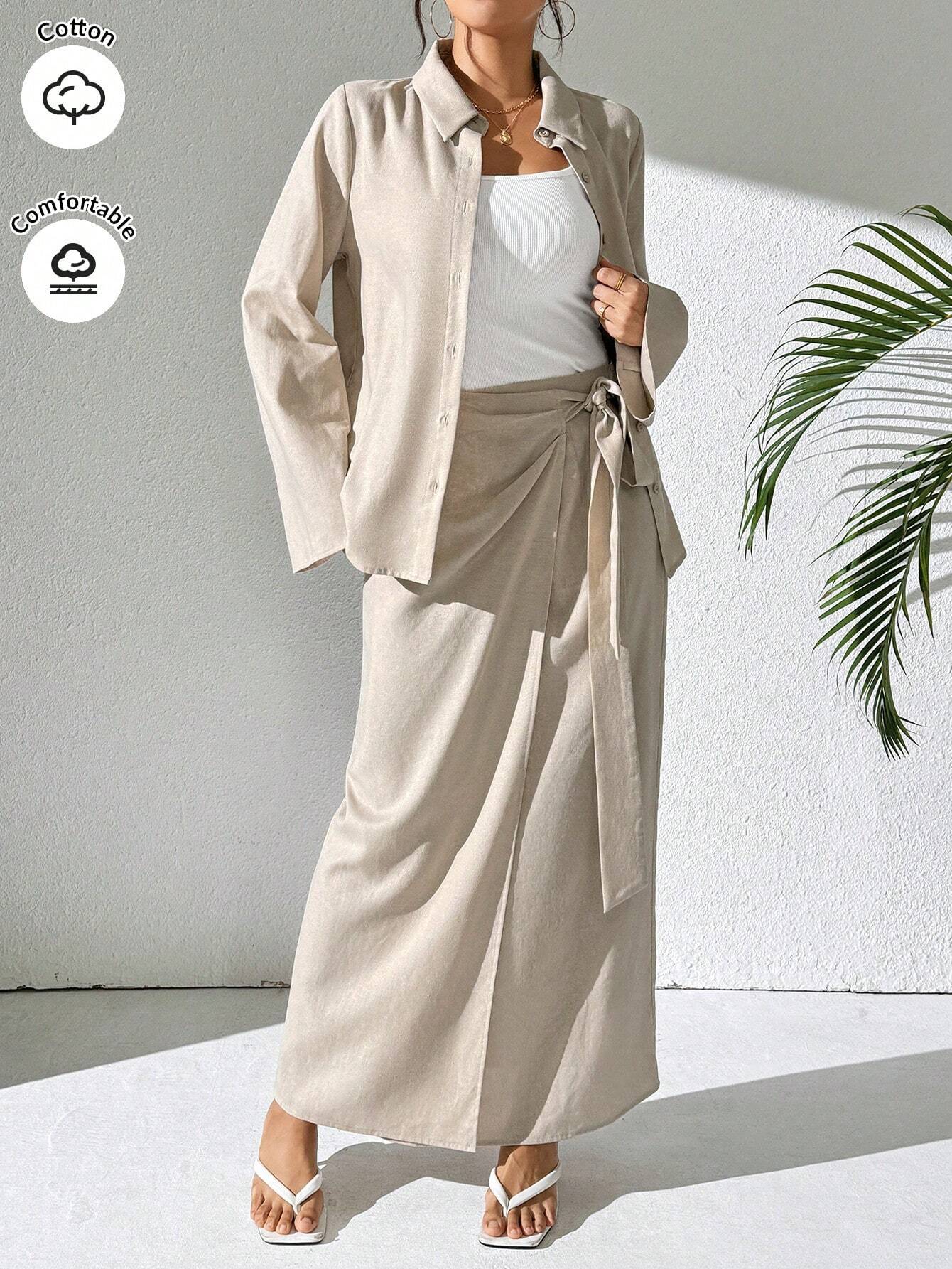 Mulvari 2pcs Women's Casual Button-Up Shirt And A-Line Skirt Set shein
