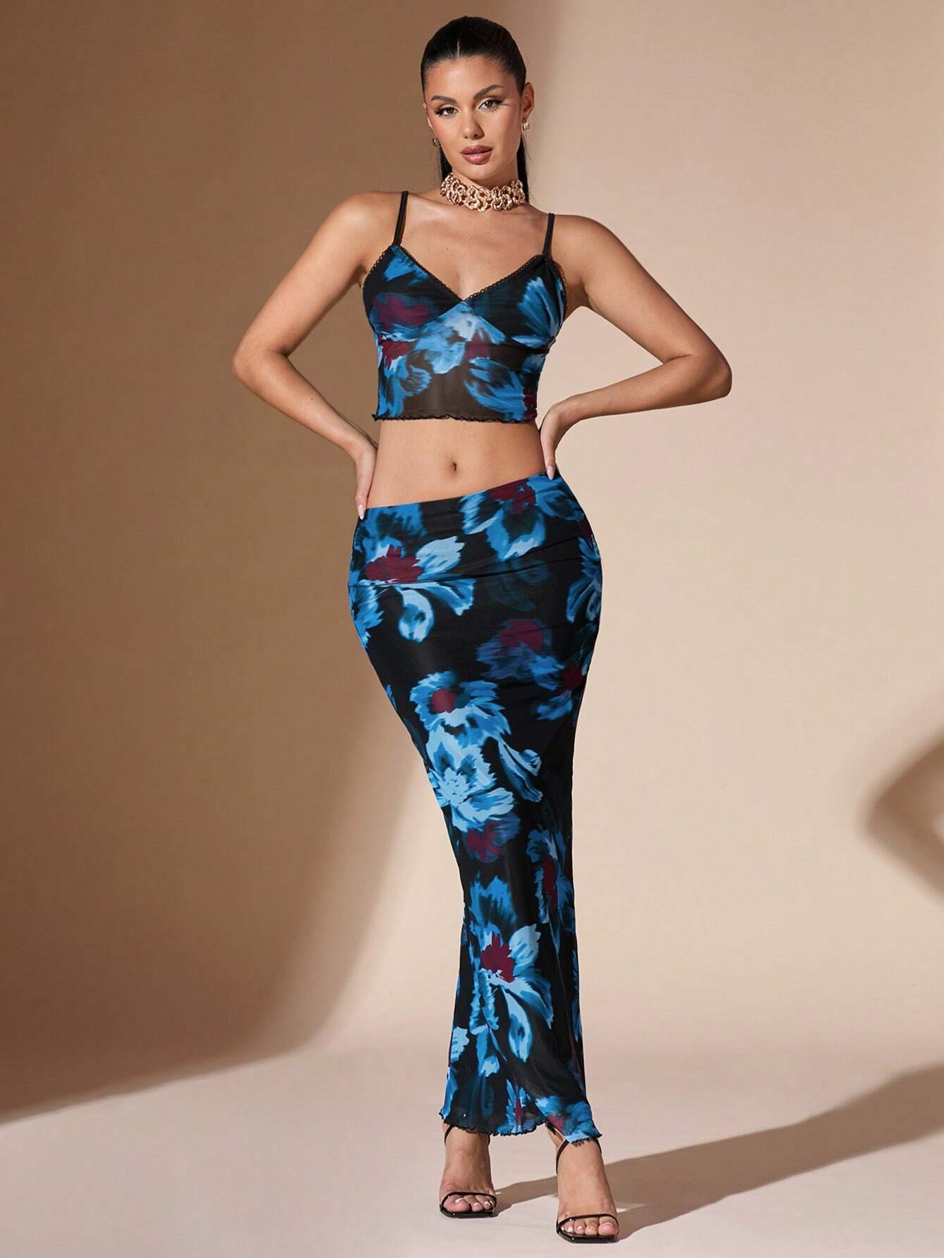 BAE Elegant Vacation Mesh Floral Printed Crop Cami Top & Skirt Set shein