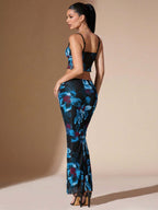 BAE Elegant Vacation Mesh Floral Printed Crop Cami Top & Skirt Set shein