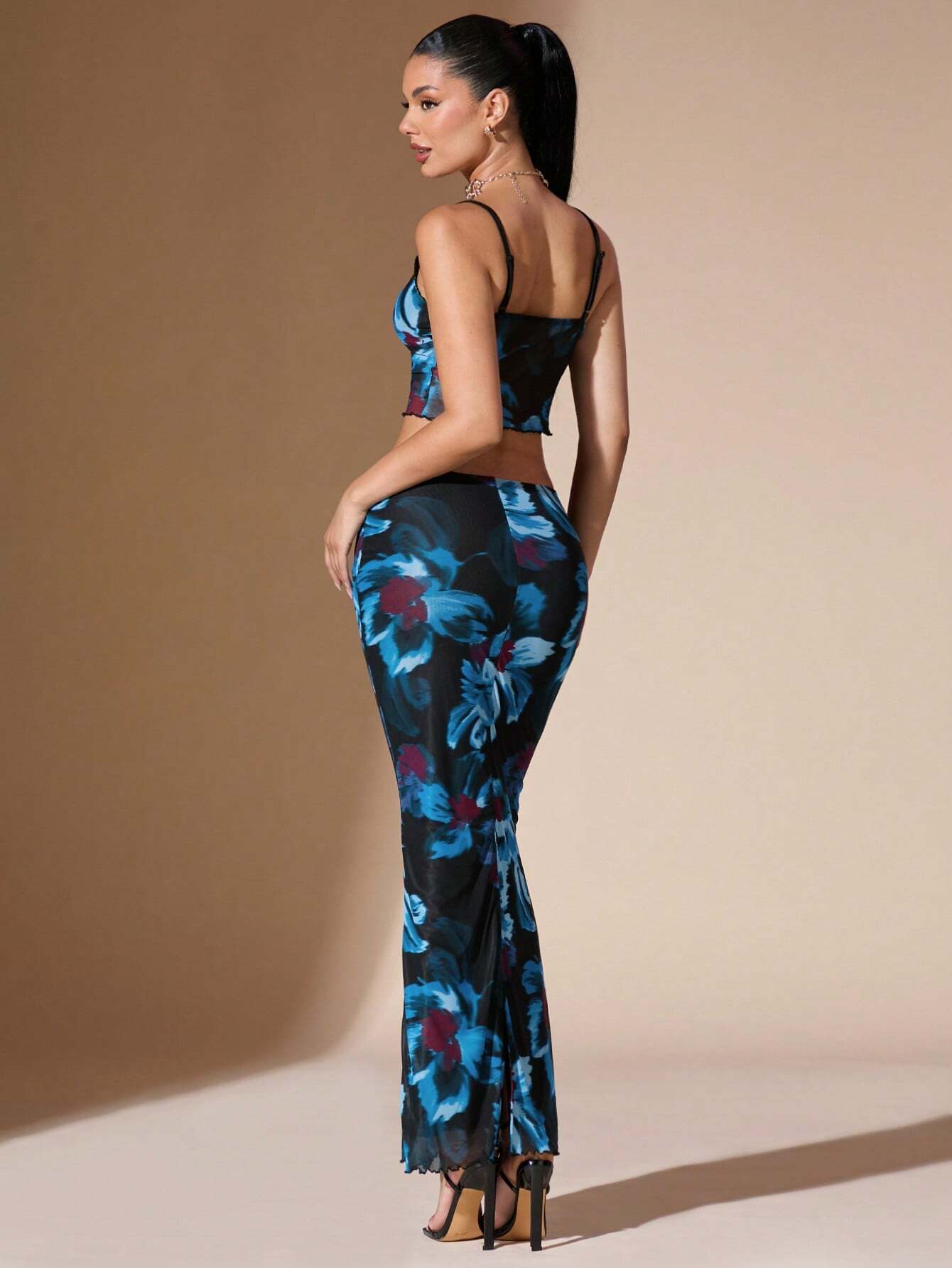 BAE Elegant Vacation Mesh Floral Printed Crop Cami Top & Skirt Set shein