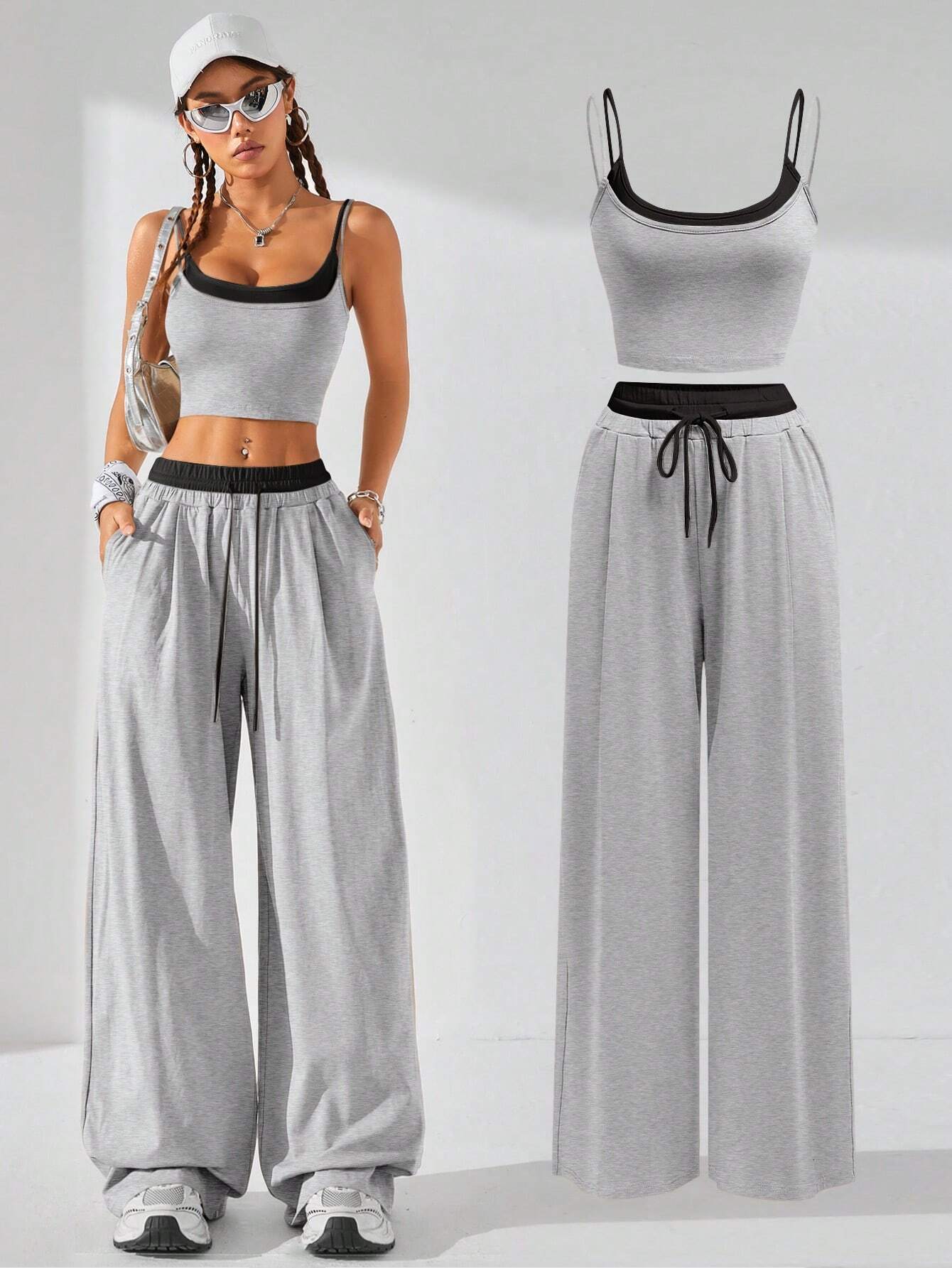 Coolane Women's Summer Casual Sport Knit Two Fake Pieces Tank Tops & Sweatpants