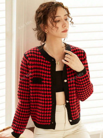 Knit Mix Women's French Commuting Knitted Diamond Pattern Round Neck Long Sleeve Pearl Button Regular Loose Open Cardigan