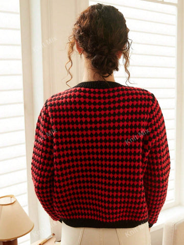 Knit Mix Women's French Commuting Knitted Diamond Pattern Round Neck Long Sleeve Pearl Button Regular Loose Open Cardigan