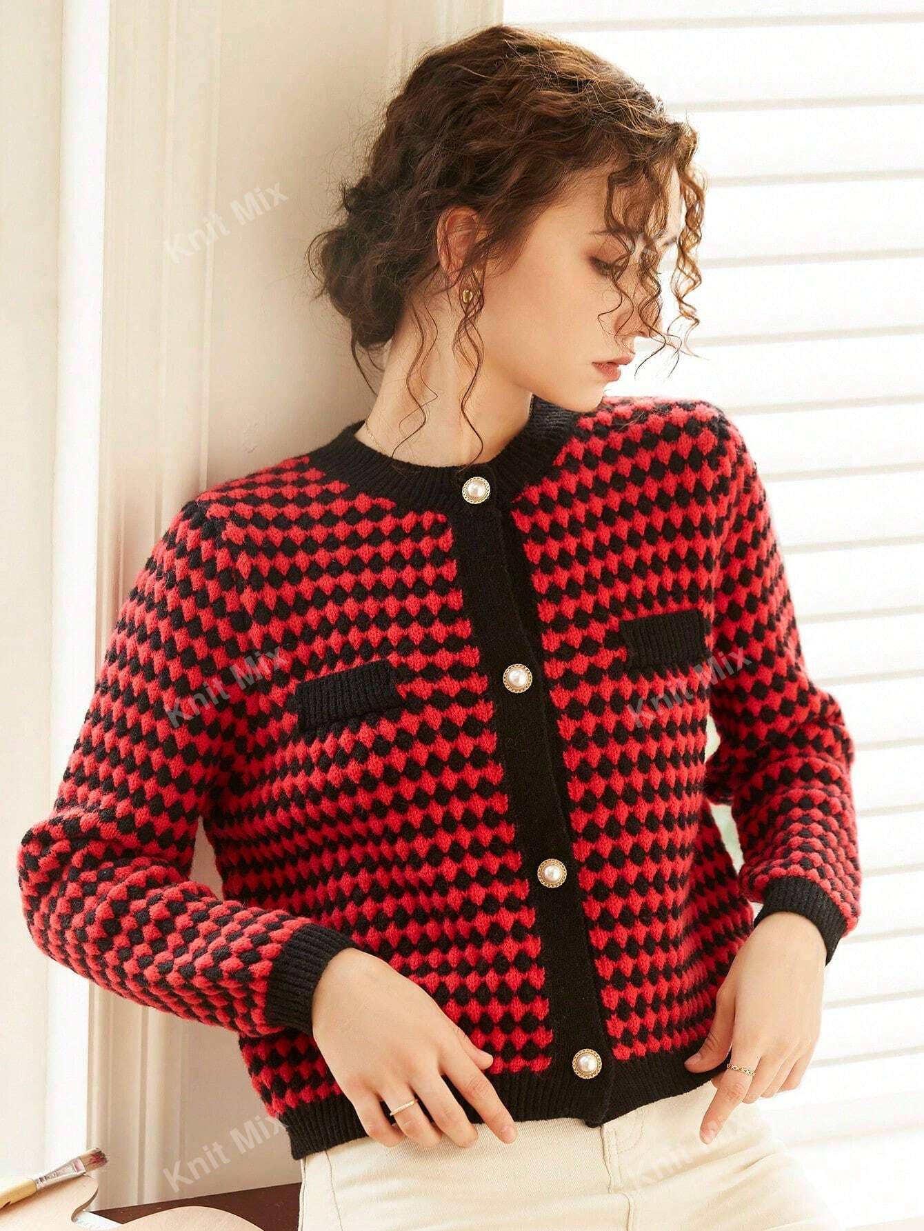 Knit Mix Women's French Commuting Knitted Diamond Pattern Round Neck Long Sleeve Pearl Button Regular Loose Open Cardigan