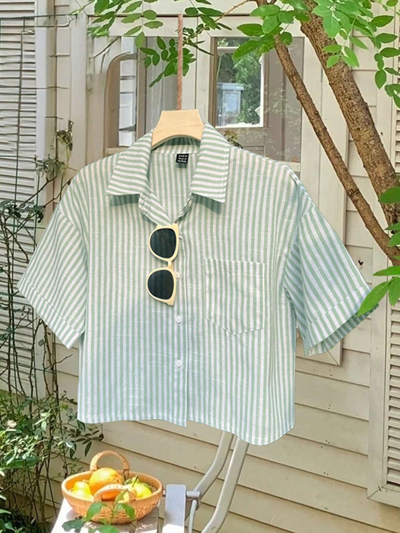 MOOSTA Striped Cropped Relaxed Casual Women Oversized Cuffed Sleeve Blouse shein