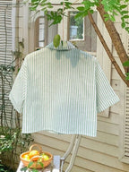 MOOSTA Striped Cropped Relaxed Casual Women Oversized Cuffed Sleeve Blouse shein