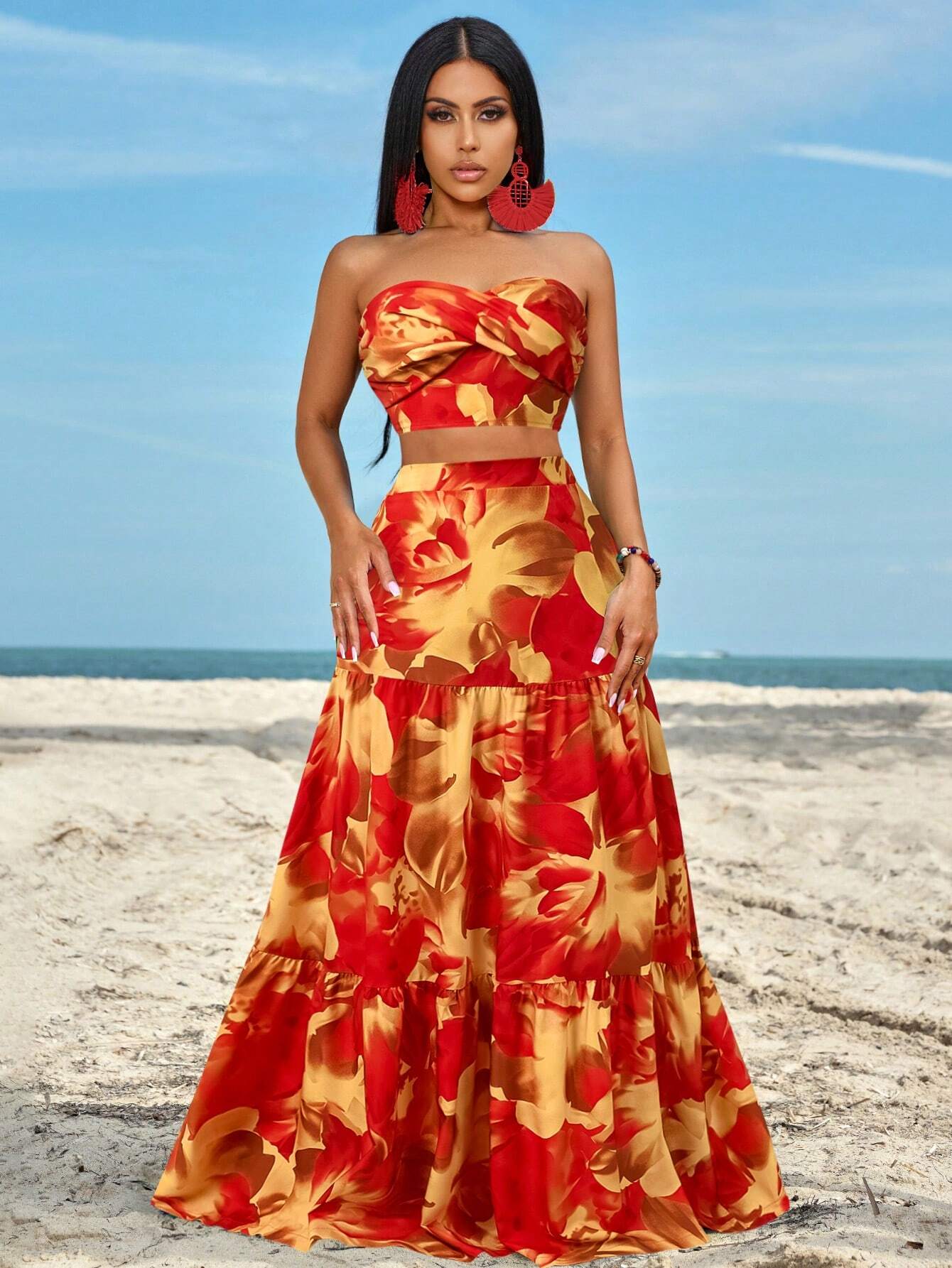 Slayr Ruched Side Twist Bandeau Top And Split Thigh Ruffle Hem Skirt Set shein