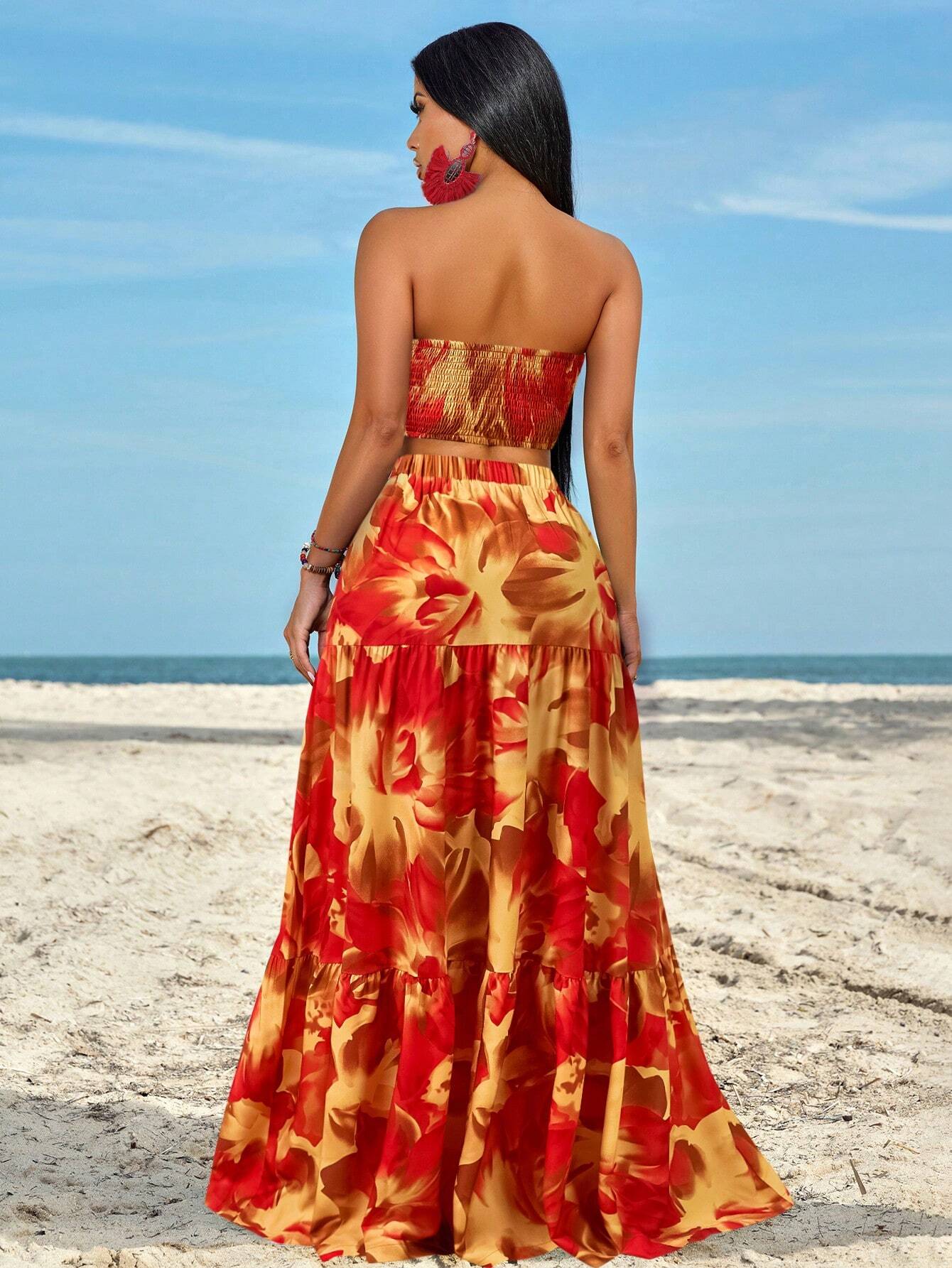 Slayr Ruched Side Twist Bandeau Top And Split Thigh Ruffle Hem Skirt Set shein