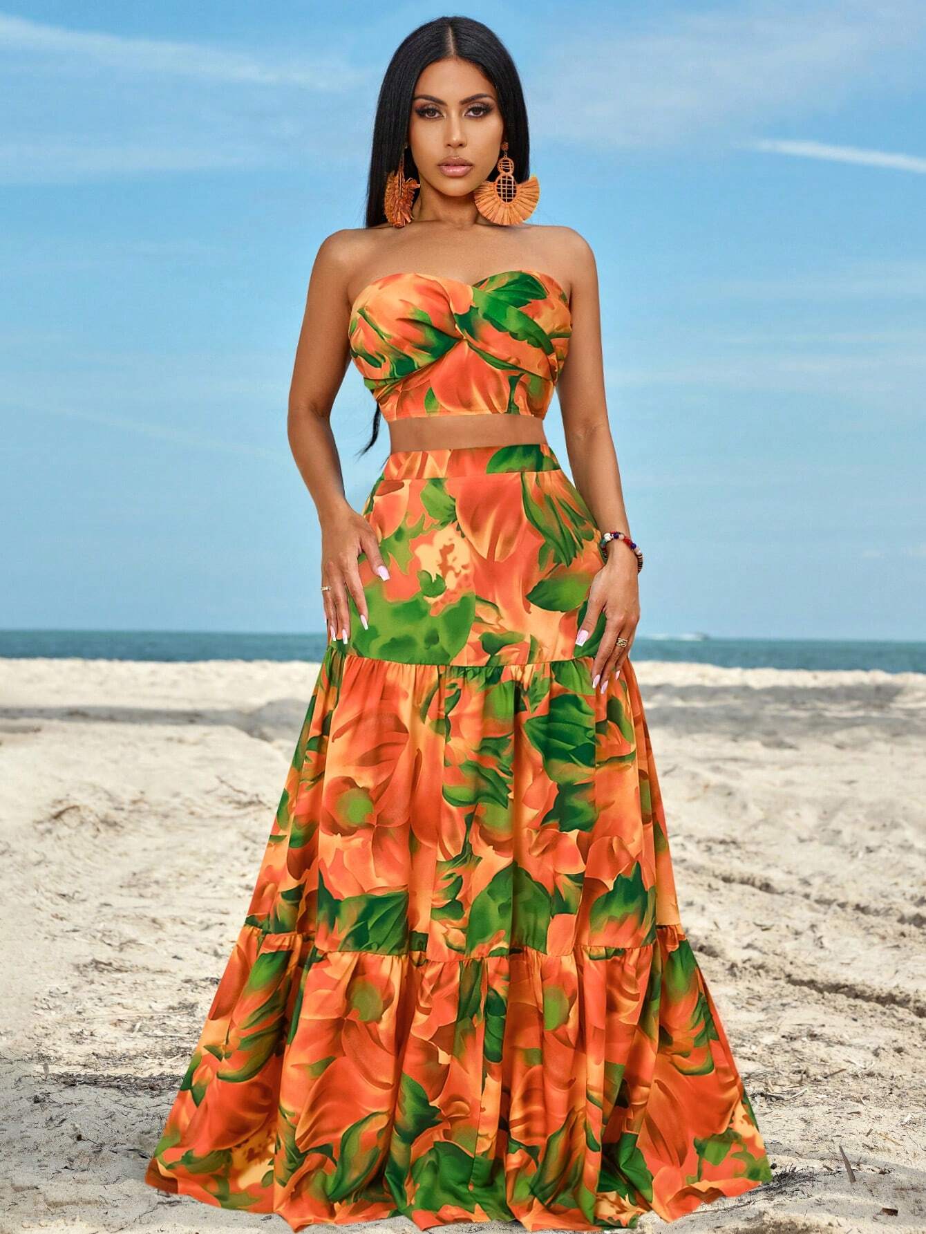 Slayr Ruched Side Twist Bandeau Top And Split Thigh Ruffle Hem Skirt Set shein