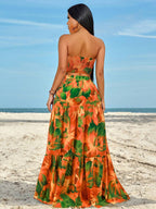 Slayr Ruched Side Twist Bandeau Top And Split Thigh Ruffle Hem Skirt Set shein