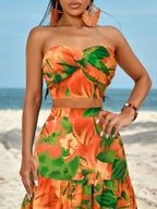 Slayr Ruched Side Twist Bandeau Top And Split Thigh Ruffle Hem Skirt Set shein
