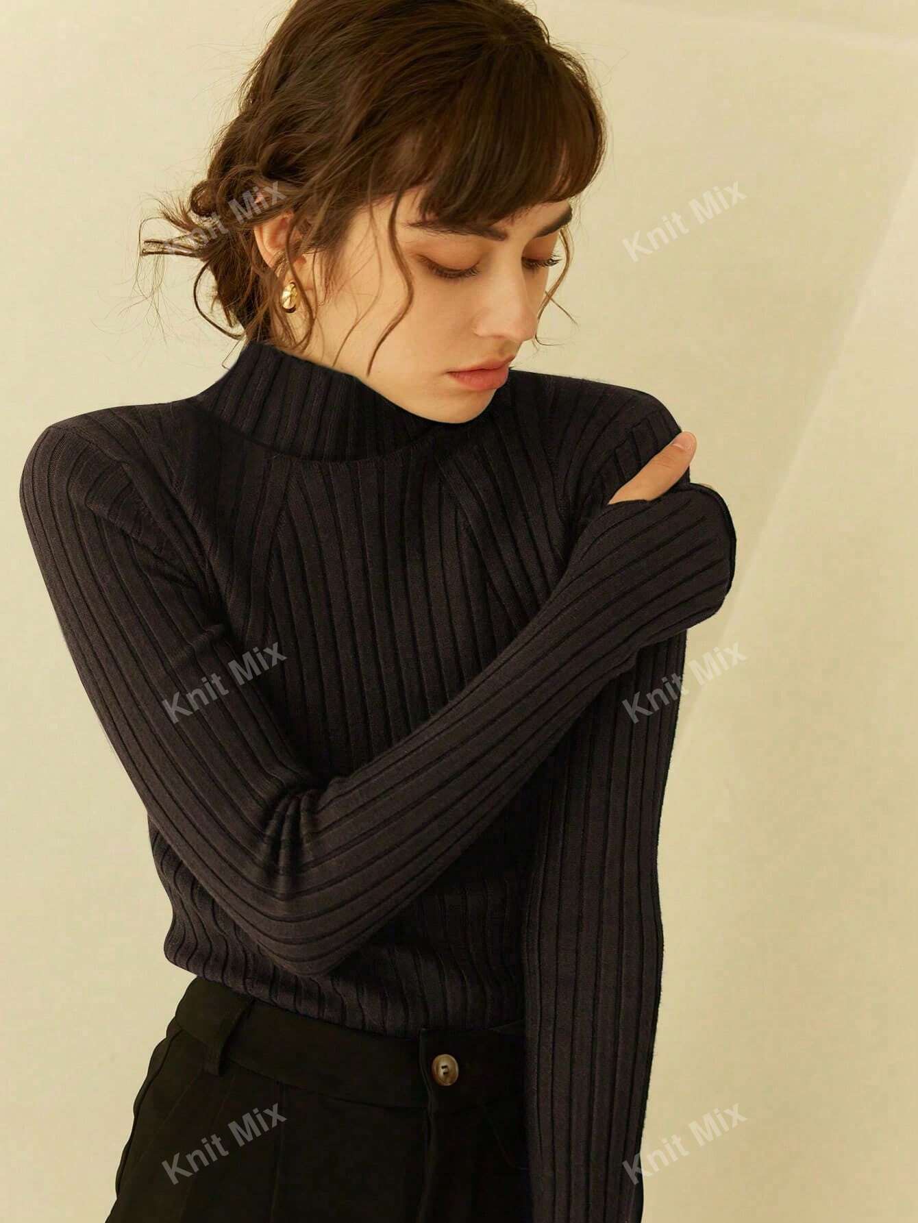 Knit Mix Knitted Turtleneck Long Sleeve Ribbed Casual Top (Random Floral Pattern) shein