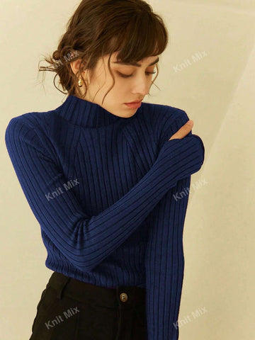 Knit Mix Knitted Turtleneck Long Sleeve Ribbed Casual Top (Random Floral Pattern) shein