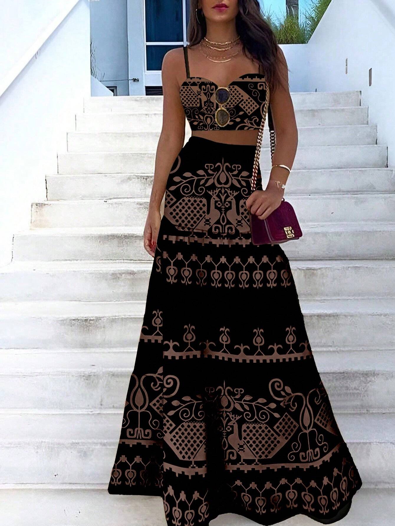 VCAY Vintage Printed Spaghetti Strap Dress Two Pieces Set For Summer Vacation