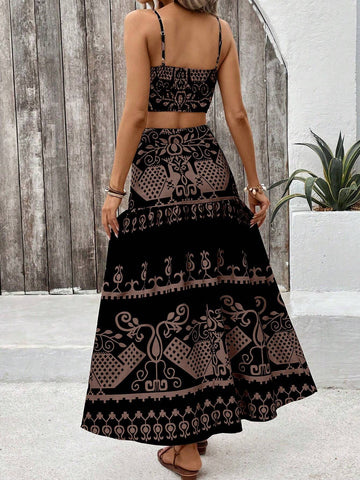 VCAY Vintage Printed Spaghetti Strap Dress Two Pieces Set For Summer Vacation