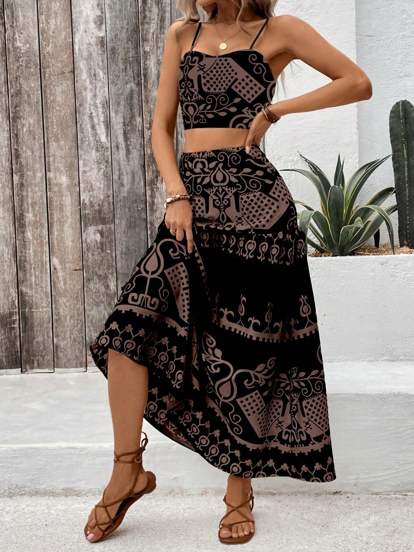 VCAY Vintage Printed Spaghetti Strap Dress Two Pieces Set For Summer Vacation