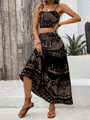 VCAY Vintage Printed Spaghetti Strap Dress Two Pieces Set For Summer Vacation