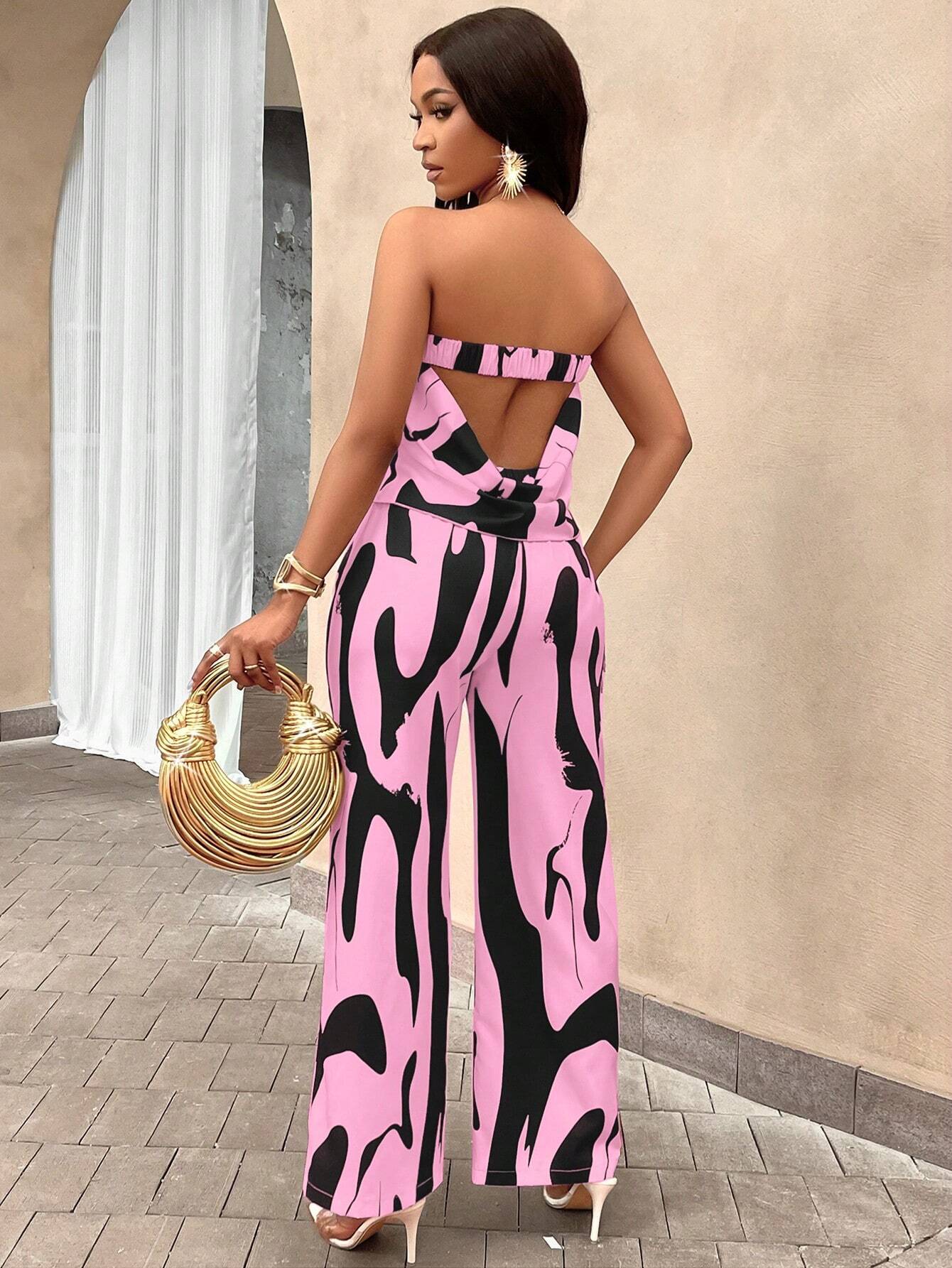 Slayr Geo Print Draped Back Tube Top & Wide Leg Pants Set shein
