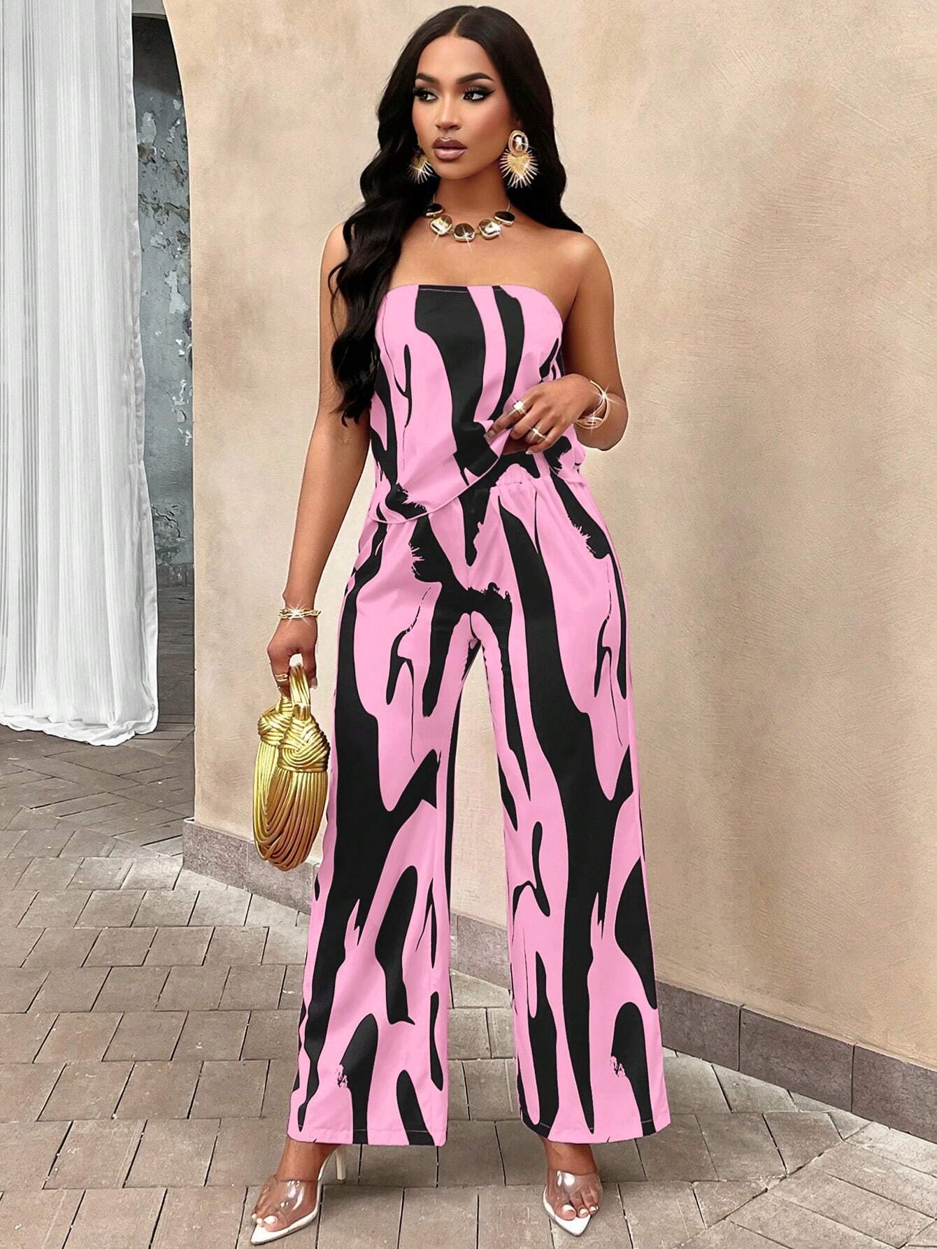 Slayr Geo Print Draped Back Tube Top & Wide Leg Pants Set shein