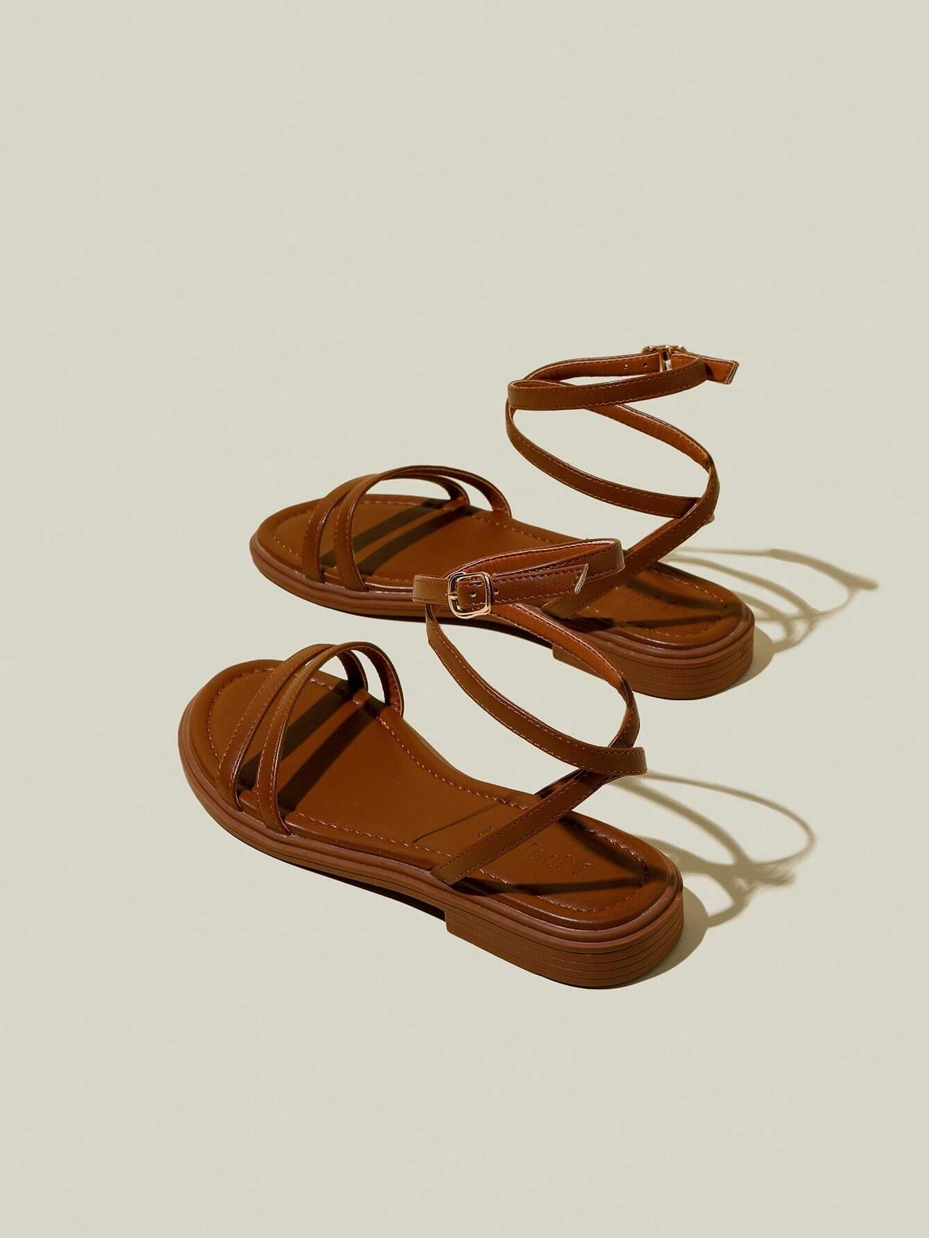 Women's Black Flat Sandals With Crossed Straps & Tie-Up Laces shein