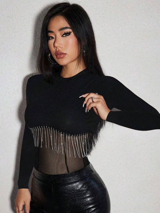 Knitted Ribbed Trimmed See-Through Bodysuit With Rhinestone And Tassel Embellishment