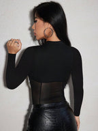 Knitted Ribbed Trimmed See-Through Bodysuit With Rhinestone And Tassel Embellishment shein