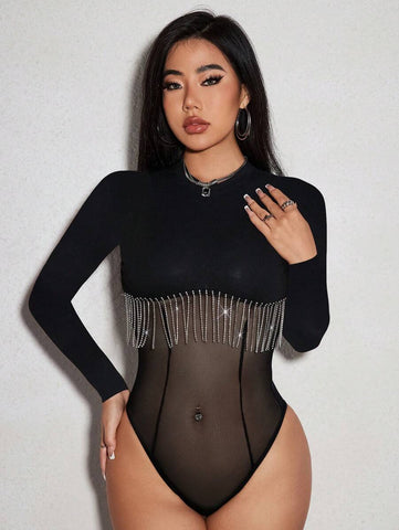 Knitted Ribbed Trimmed See-Through Bodysuit With Rhinestone And Tassel Embellishment