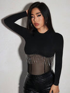 Knitted Ribbed Trimmed See-Through Bodysuit With Rhinestone And Tassel Embellishment shein
