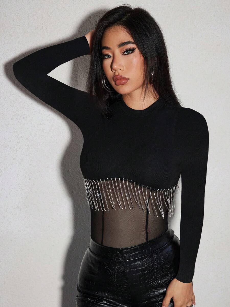 Knitted Ribbed Trimmed See-Through Bodysuit With Rhinestone And Tassel Embellishment