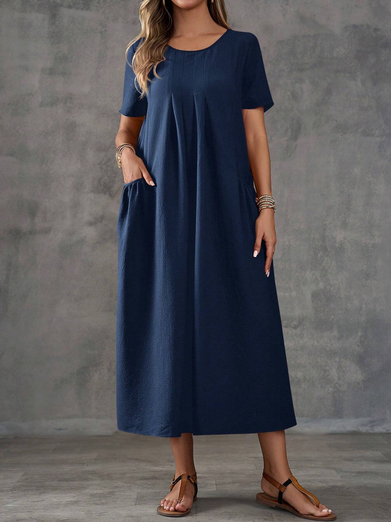EMERY ROSE Women Solid Color Dual Pocket Casual Beach Dress shein