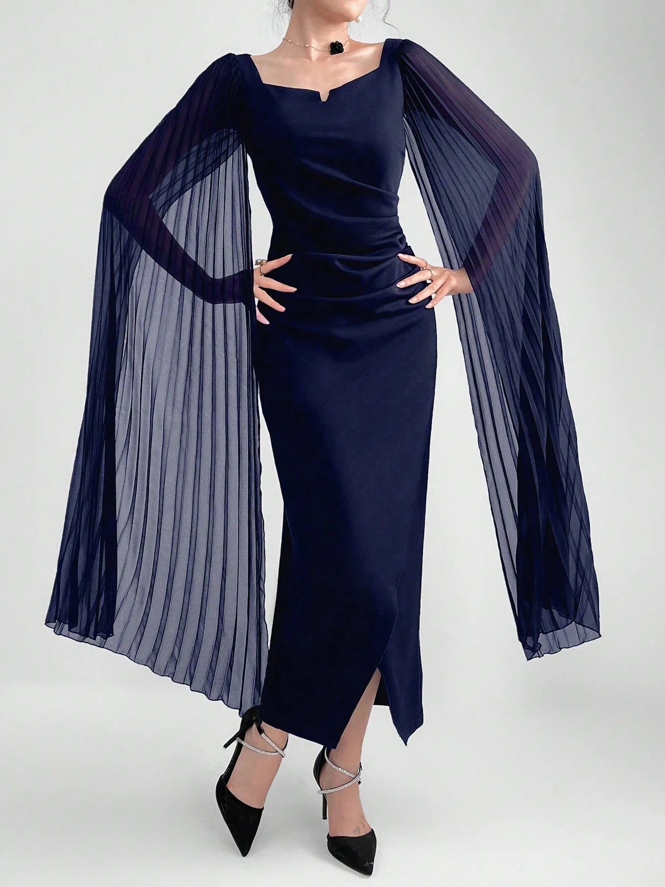 Modely Elegant Dress With A Notched Collar, Pleats, Cinched Waistline, Cape Sleeves shein