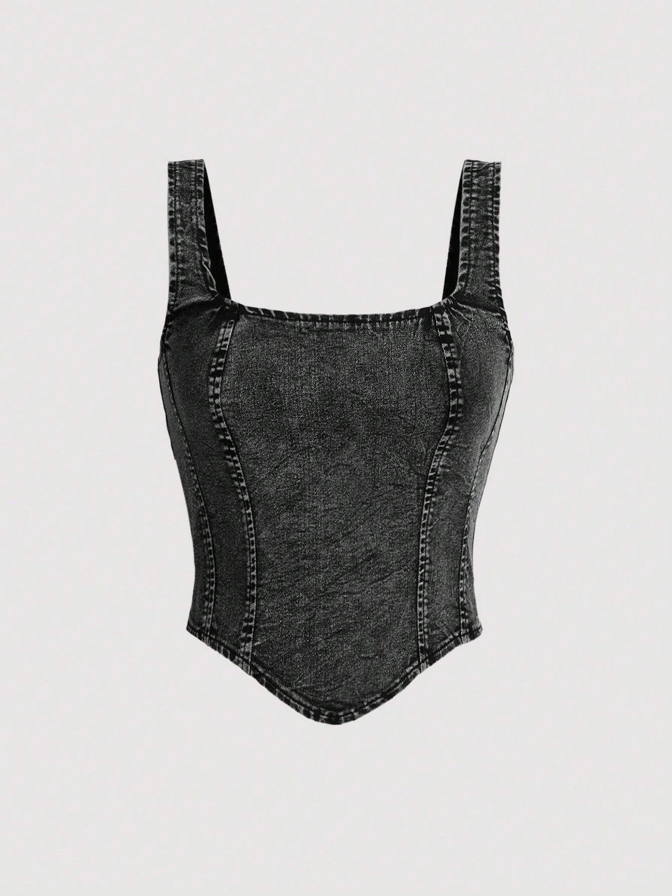 MOD Women Black Casual Denim Tank Top With Wide Straps And Back Zipper shein