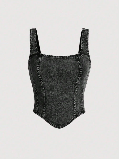 MOD Women Black Casual Denim Tank Top With Wide Straps And Back Zipper shein