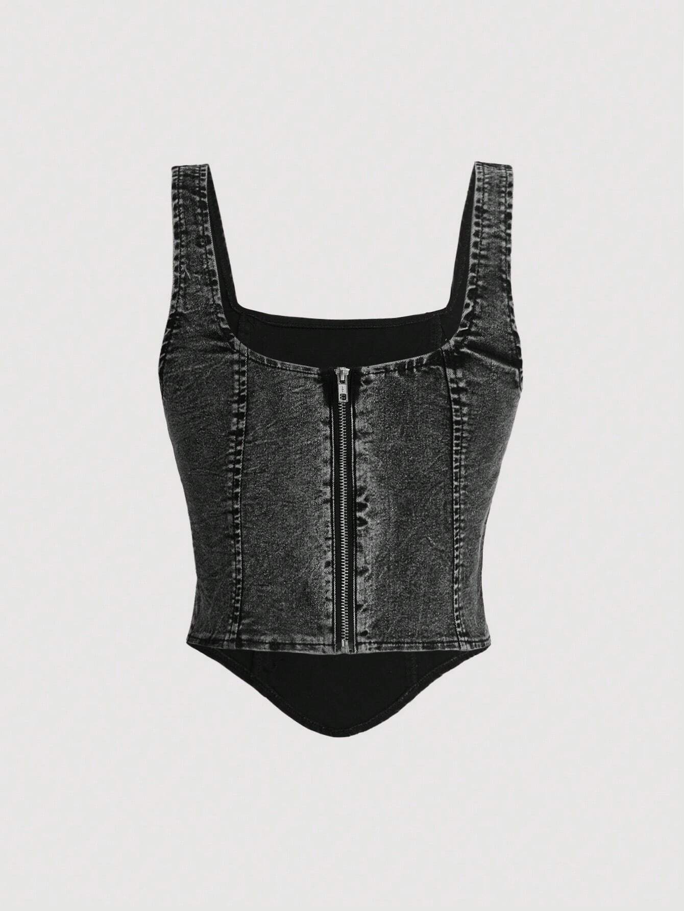 MOD Women Black Casual Denim Tank Top With Wide Straps And Back Zipper shein