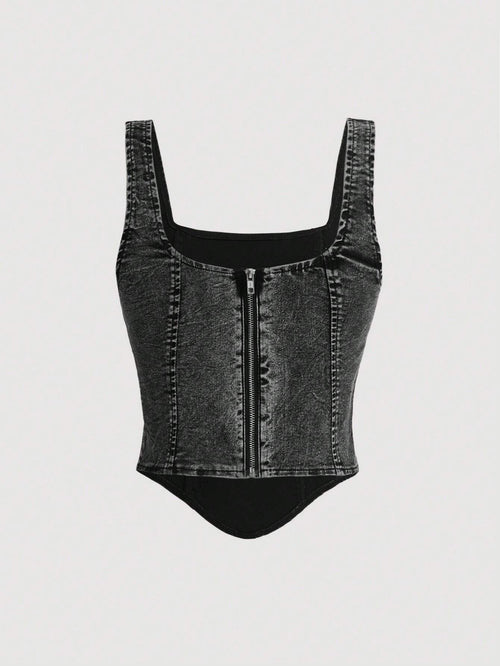 MOD Women Black Casual Denim Tank Top With Wide Straps And Back Zipper shein