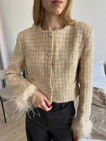 Women's Round Neck Button Long Sleeve Tweed Cuff Fluffy Trim Jacket