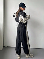 DAZY 2pcs Women Contrast Color Block Long Sleeve Drawstring Front Zip Jacket And Pants Suit shein